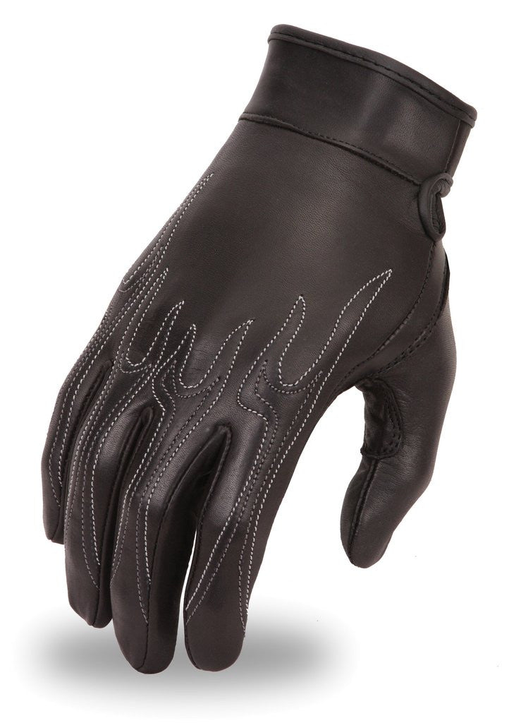 Womens Premium Analine Cowhide Motorcycle Glove with Emroidered Flame Design