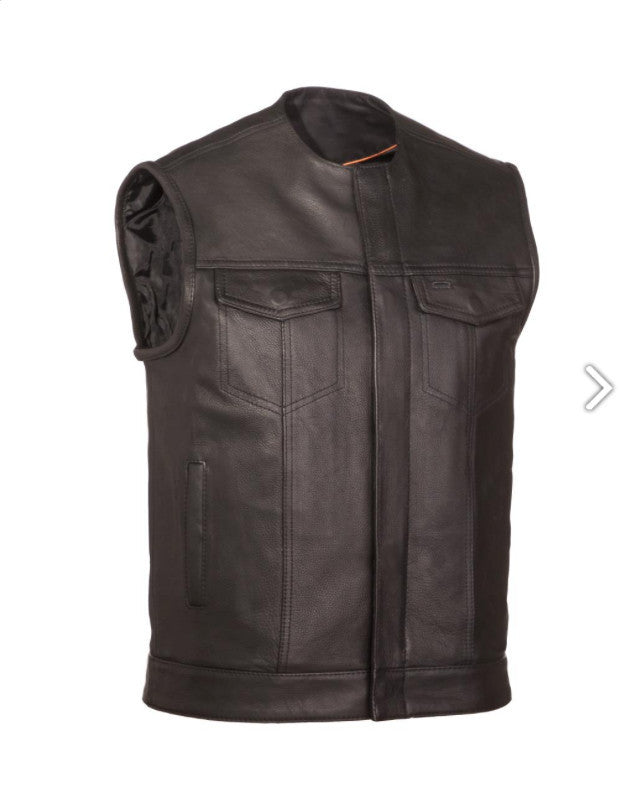 No Rival Mens Black Naked Leather Motorcycle Vest with Concealed Snaps
