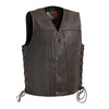 Men's V Neck Club Style Leather Motorcycle Vest With Concealed Carry Pockets Solid Back