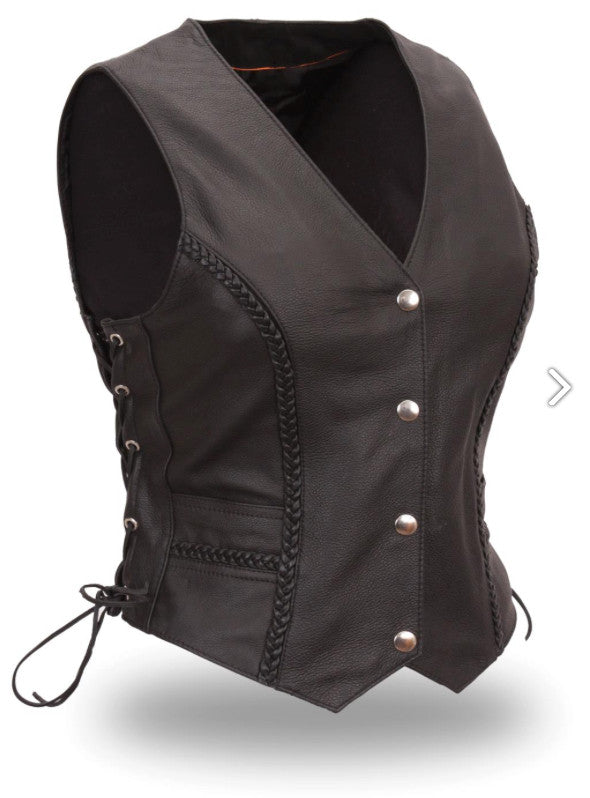 Trinity Vest Women's Black Leather Motorcycle Vest with Braided Front Silver Snaps