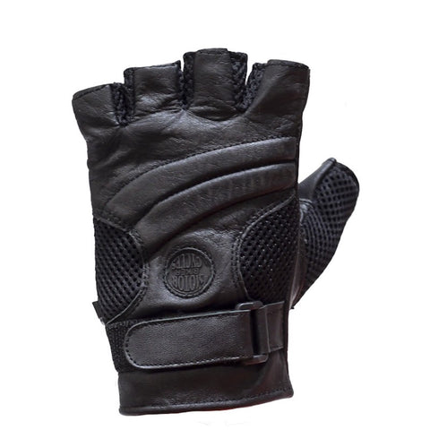 Black Leather and Mesh Motorcycle Fingerless Gloves