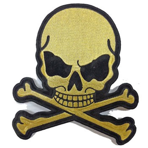 Gold Metallic Skull and Crossbones Large Motorcycle Vest Patch 8" x 7"