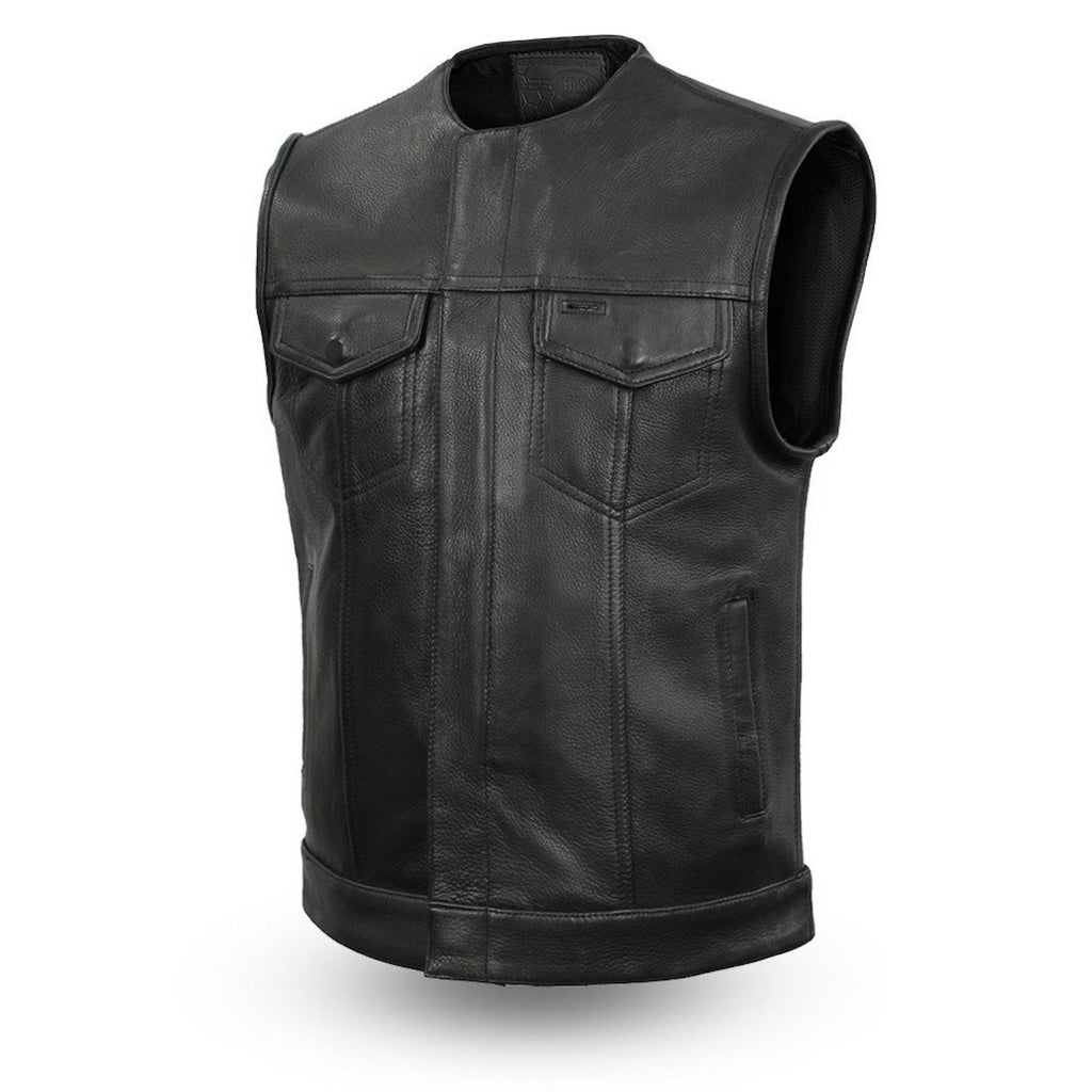 Mens Black 1.4mm Platinum Leather Motorcycle Club Style Vest Gun Pockets Solid Back