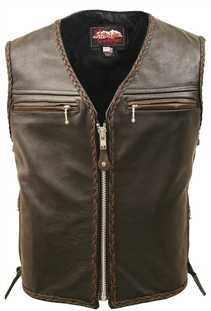 Mens Made in USA The Elite Motorcycle Leather Vest Brown and Black Braiding