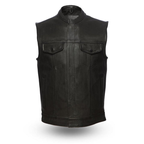 1.4mm Leather Motorcycle Club Style Vest With Gun Pockets Solid Back Hidden Zipper