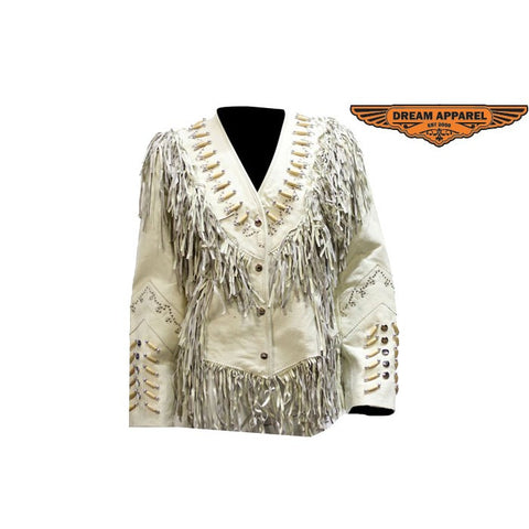 Ladies Off White Western Style Leather Jacket with Beads, Studs, Bone and Fringes