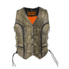 Women's Distressed Brown Leather Motorcycle Vest With Side Laces Braid Trim