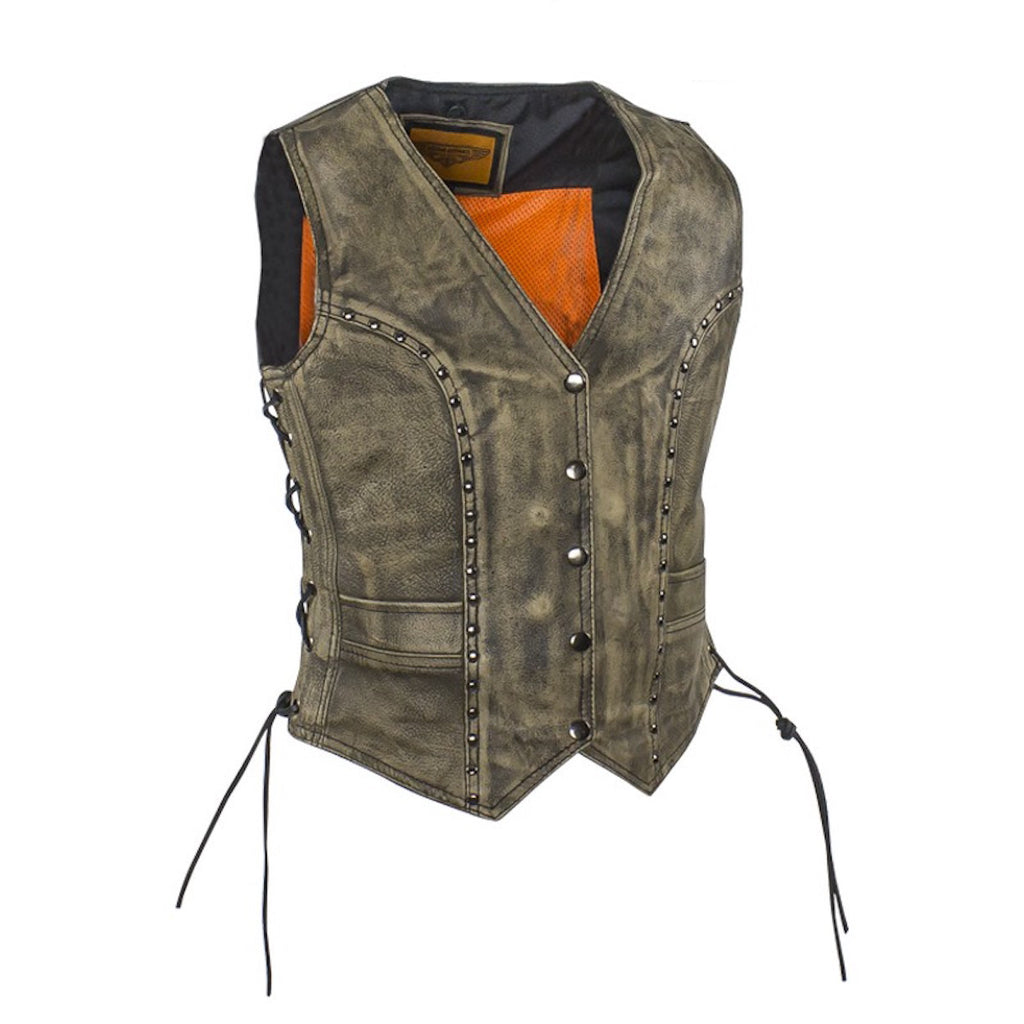 Women's Distressed Brown Leather Motorcycle Vest With Side Laces Stud Trim