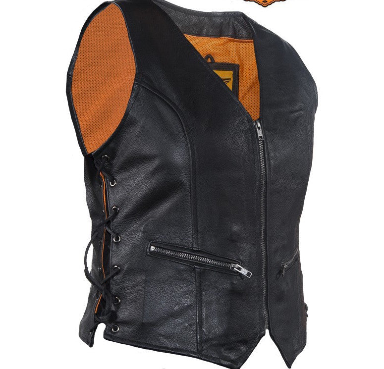 Womens Leather Motorcycle Vest Zip Front With Concealed Carry Pockets