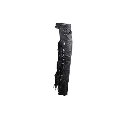 Ladies Leather Western Motorcycle Chaps With Studs Beaded Fringe & Fashion Snap