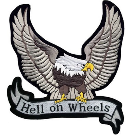 Large Motorcycle Vest Patch With Silver Eagle "Hell on Wheels" 8.5" x 8.5"