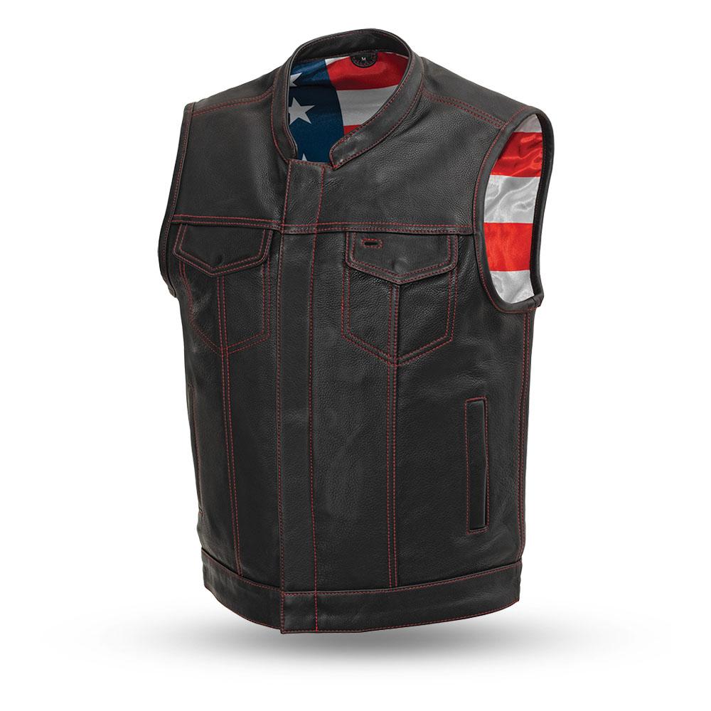 First Manufacturing Born Free Men's Leather Motorcycle Vest With Gun Pockets Solid Back Hidden Zipper American Flag Liner