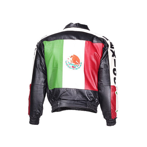 Mens Black Leather Motorcycle Jacket with Mexico Flag on Back