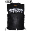 Mens Leather Motorcycle Vest With Reflective Skulls & Gun Pockets