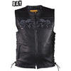 Mens Leather Motorcycle Vest With Reflective Skulls & Gun Pockets