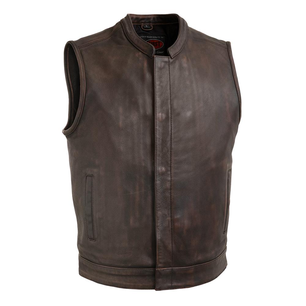 Men's Club Style Leather Motorcycle Vest With Gun Pockets Solid Back Covered Snaps