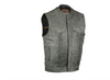 Men's No Collar Gray Leather Motorcycle Vest Hidden Zipper
