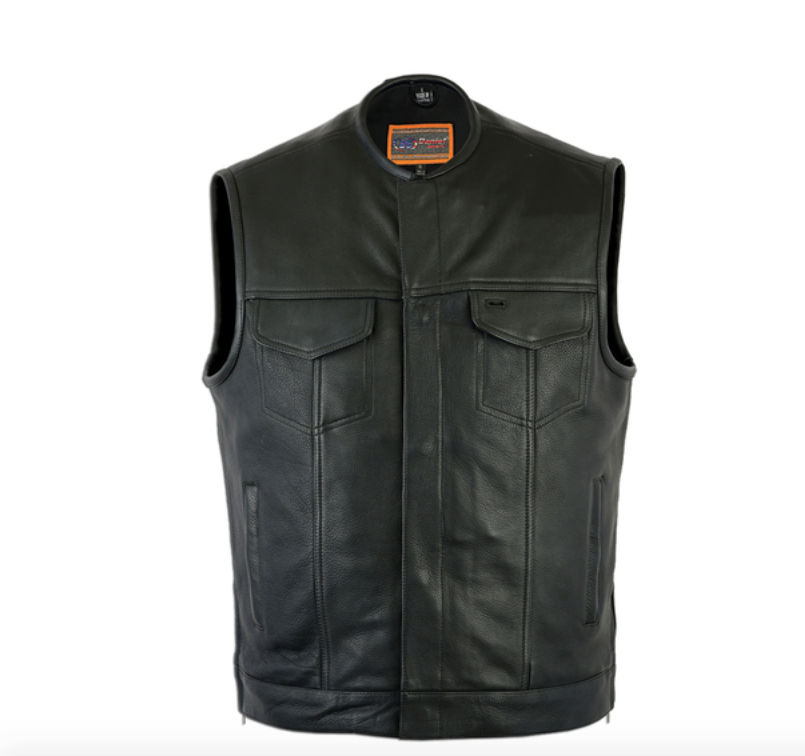 Men's No Collar Motorcycle Vest Single Panel Back With Gun Pockets Side Zippers