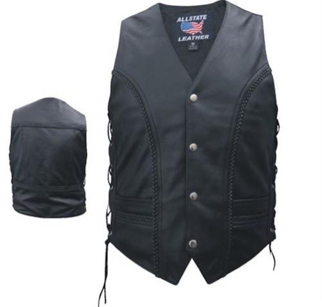 Men's Black Buffalo Leather Motorcycle Vest Braid Trim Side Laces