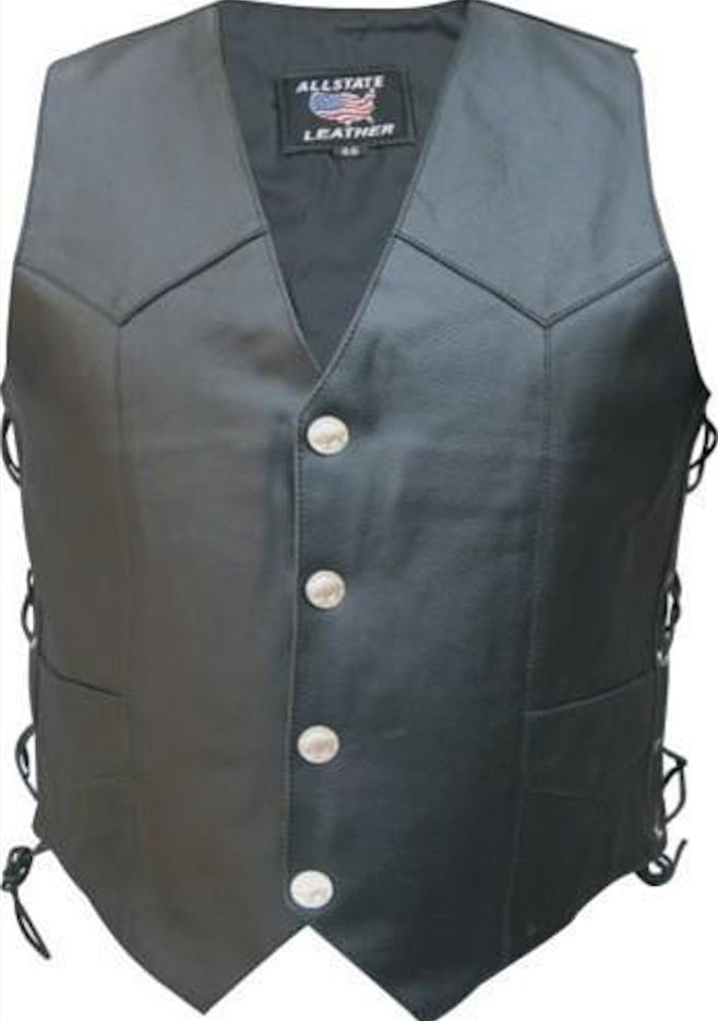 Men's Black Split Leather Motorcycle Vest With Buffalo Snaps & Side Laces