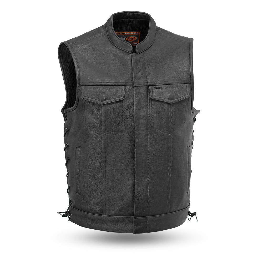 Men's Leather Club Style Motorcycle Vest With Gun Pockets Solid Back Side Laces