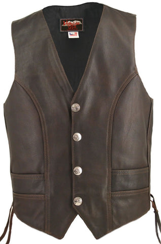 Men's Made in USA Distressed Brown Naked Leather Buffalo Nickel Motorcycle Vest Gun Pockets