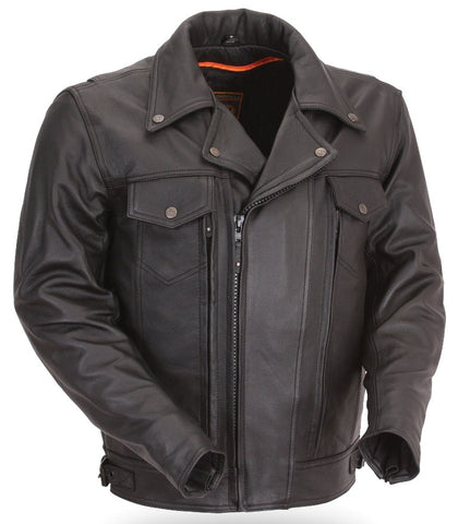 Men's Mastermind Black Leather Vented Motorcycle Jacket with Dual Utility Pockets