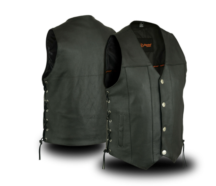 Mens Motorcycle Vest Buffalo Nickel Head Snaps Solid Back With Gun Pockets Side Laces