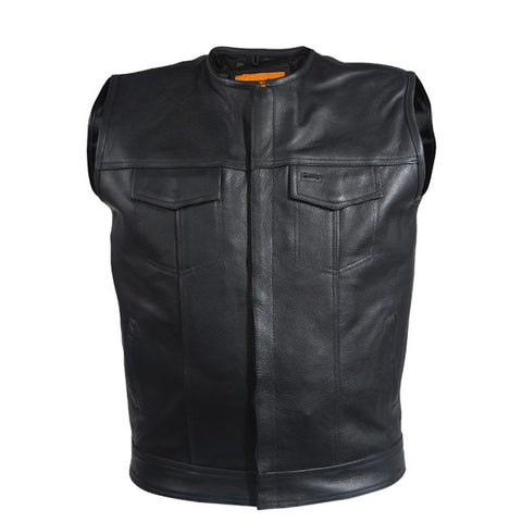 Men's Zip Front 1/2" Collar Naked Leather Motorcycle Club Vest Gun Pockets Solid Back