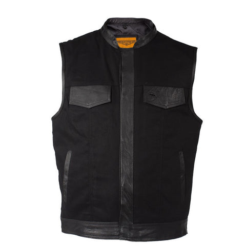 Mens Black Denim Motorcycle Vest With Leather Trims & Front Zip Up