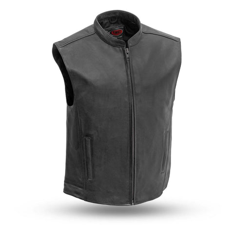 Mens Black Leather Zip Front Motorcycle Vest Solid Back for Patches Concealed Carry Pockets
