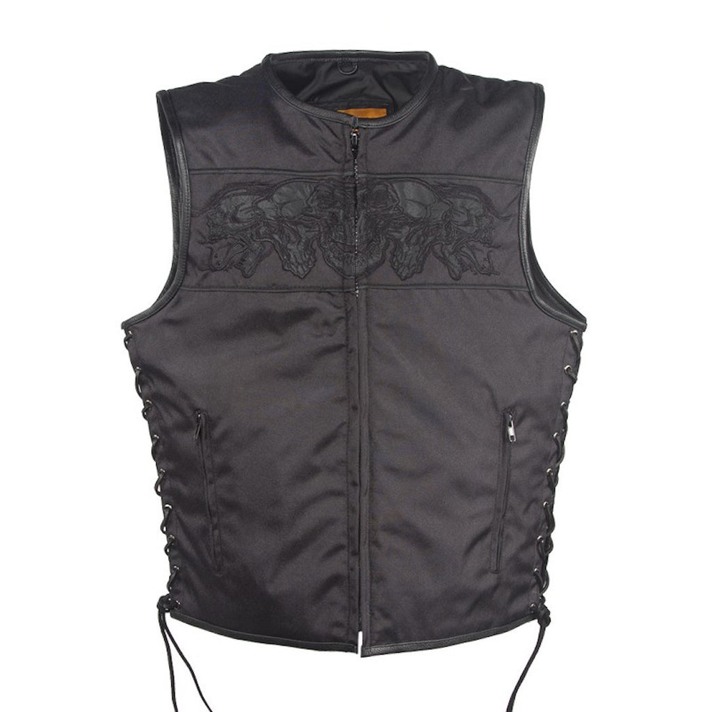 Mens Black Textile Motorcycle Vest With Reflective Skulls Across Chest And Back