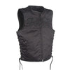 Mens Black Textile Motorcycle Vest With Reflective Skulls Across Chest And Back