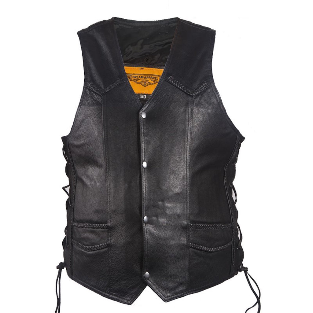 Mens Classic Style Naked Leather Motorcycle Club Vest With Gun Pocket Solid Back For Patches