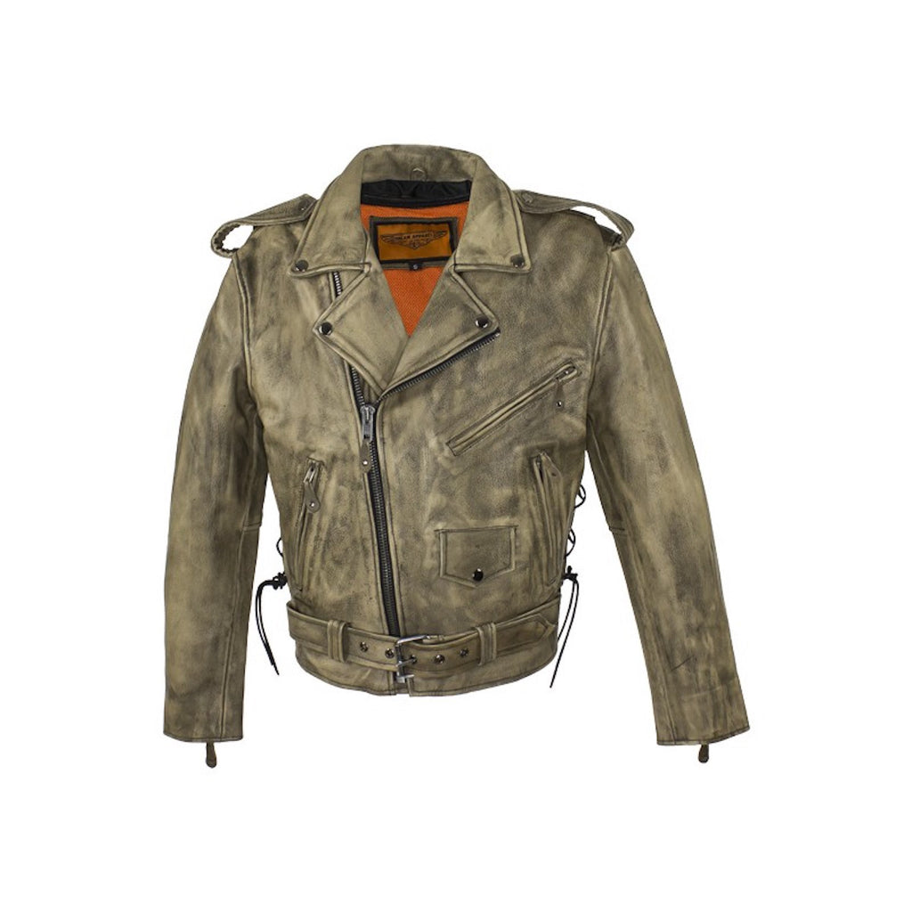 Mens Distressed Brown Classic Police Style Leather Motorcycle Jacket With Side Laces Gun Pockets