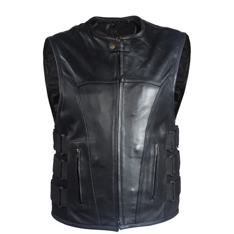 Mens Leather Bullet Proof Style Motorcycle Vest With Gun Pockets