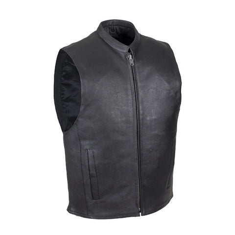 Mens Leather Motorcycle Club Style Vest With Mandarin Stand Up Collar