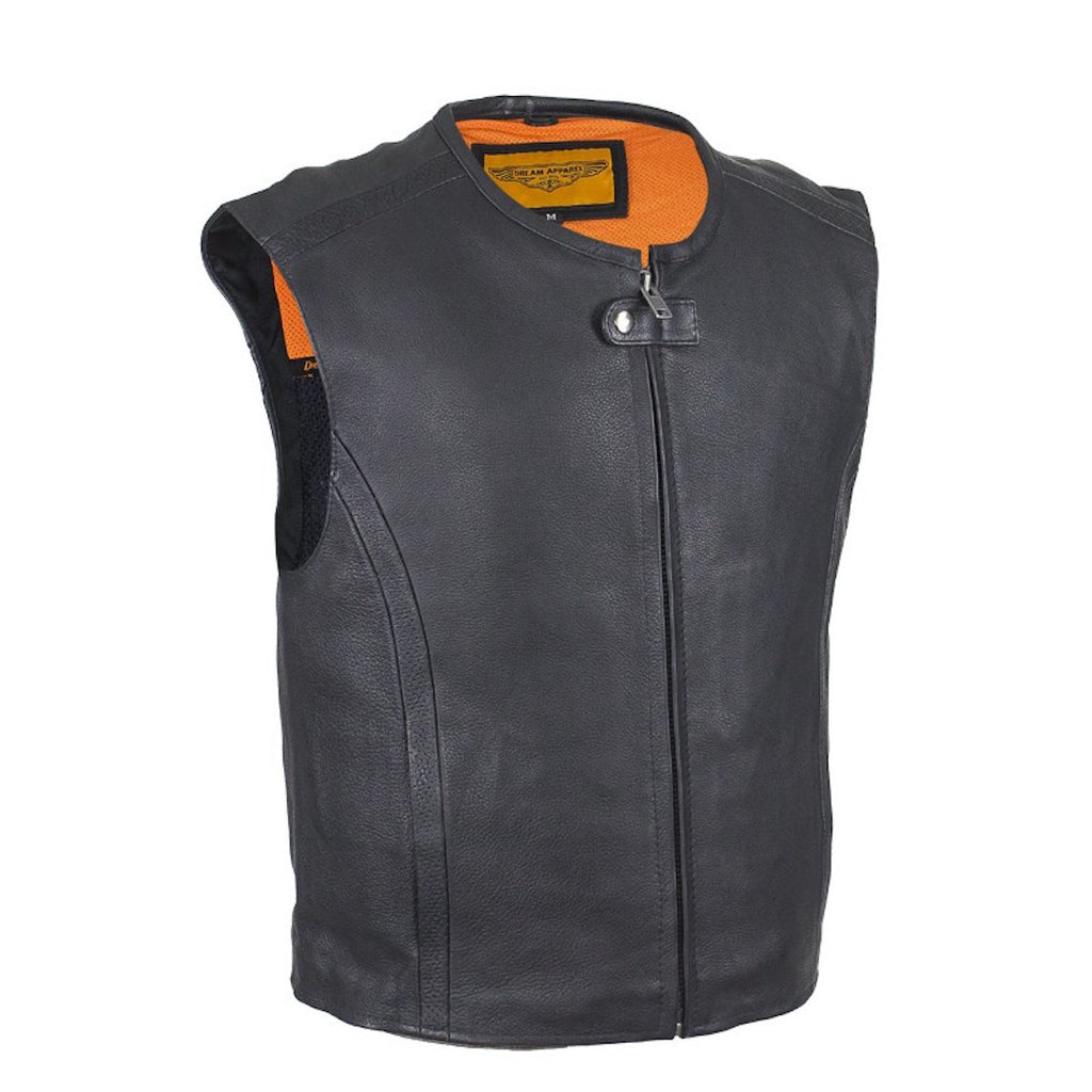 Mens Naked Leather Motorcycle Club Vest With Zip Front Solid Back Gun Pockets