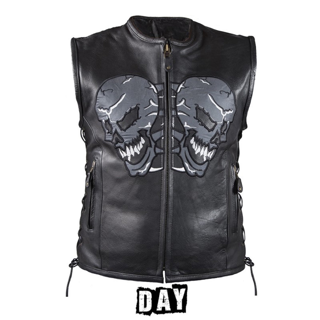 Mens Soft Leather Motorcycle Vest With Reflective Skulls