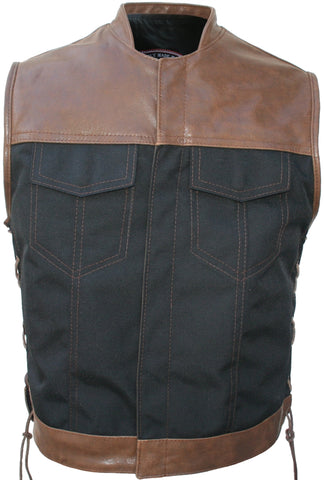 Mens Made in USA Black/Brown Leather & Cordura Motorcycle Vest Stand Up Collar