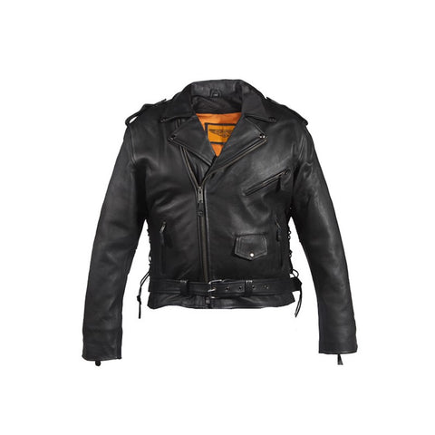 Mens Classic Police Style Naked Leather Motorcycle Jacket With Side Laces Solid Panel Back