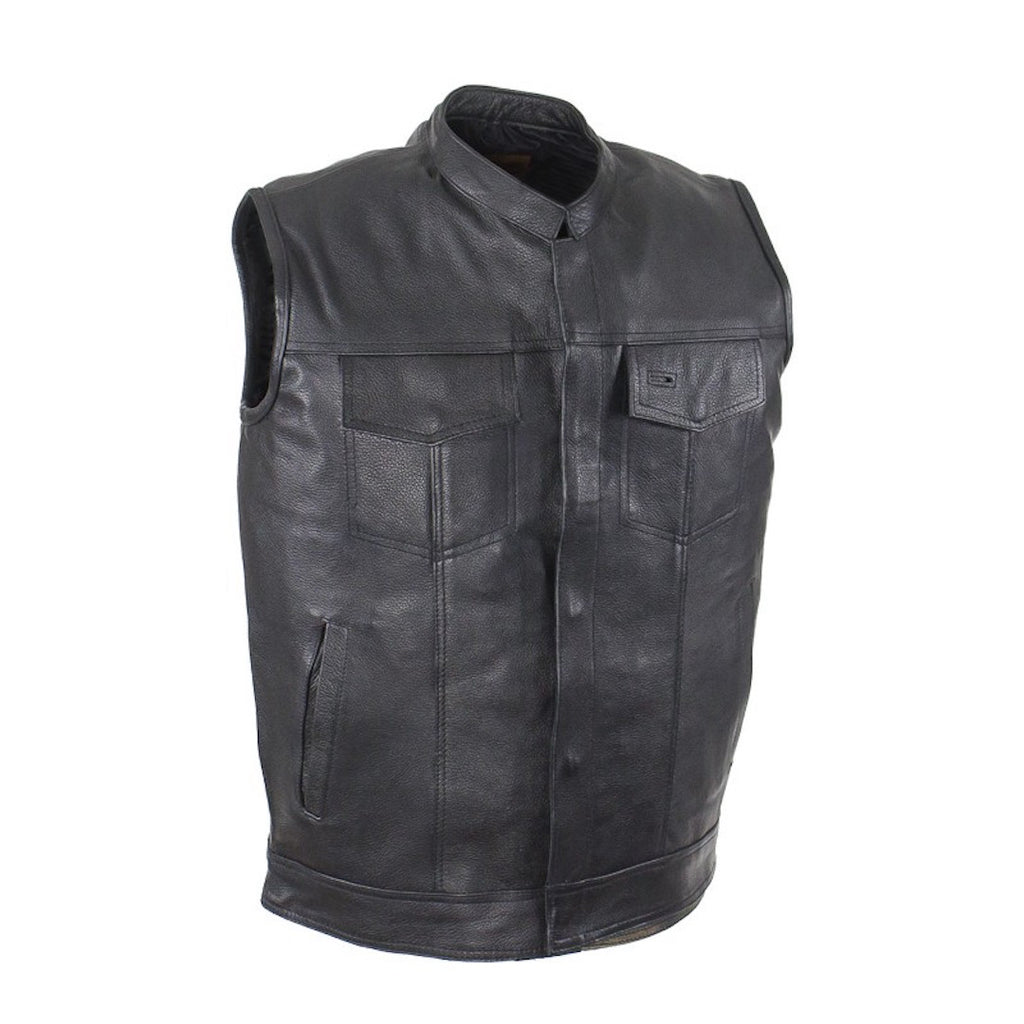 Mens Leather Motorcycle Vest Solid Back Concealed Snaps Gun Pockets