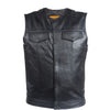 Mens No Collar Naked Leather Motorcycle Club Vest With Gun Pockets Solid Back