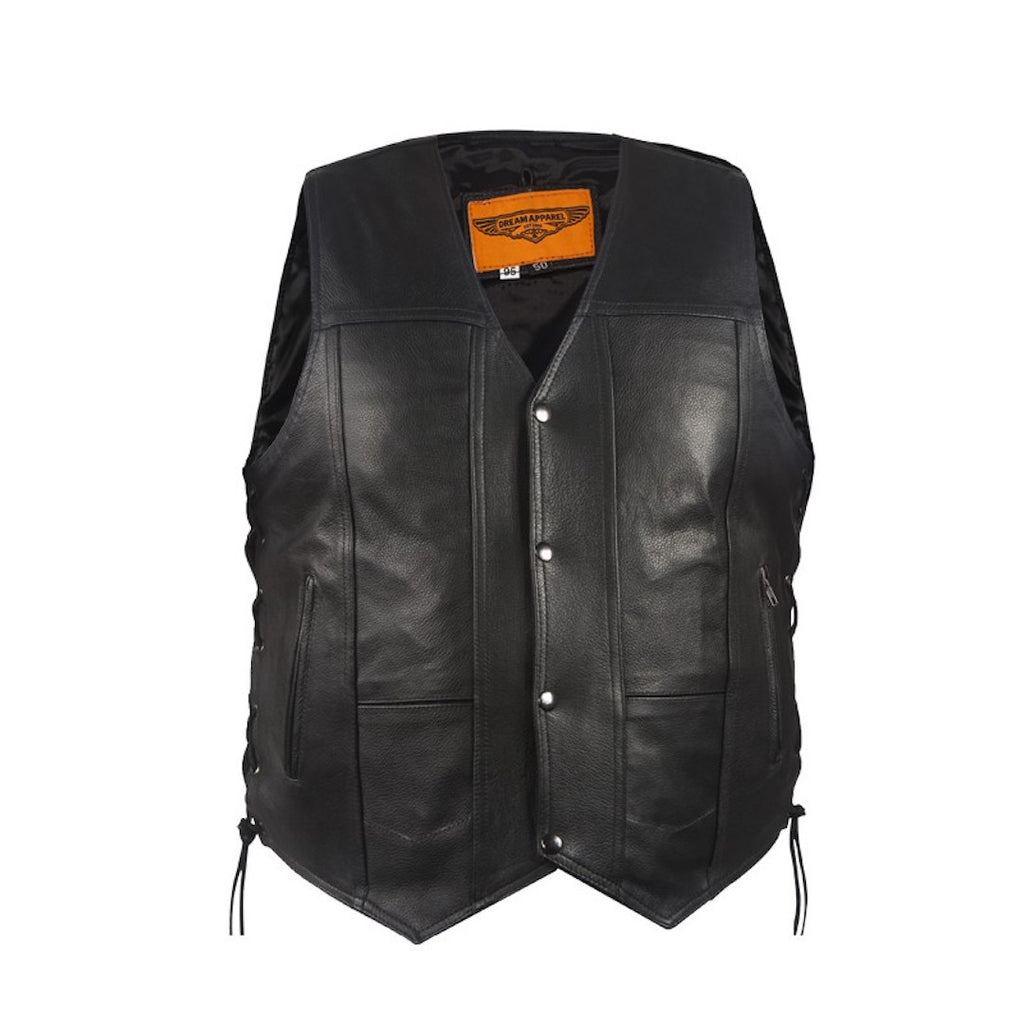 Mens Plain Style Leather Motorcycle Western Vest With Side Laces Gun Pockets