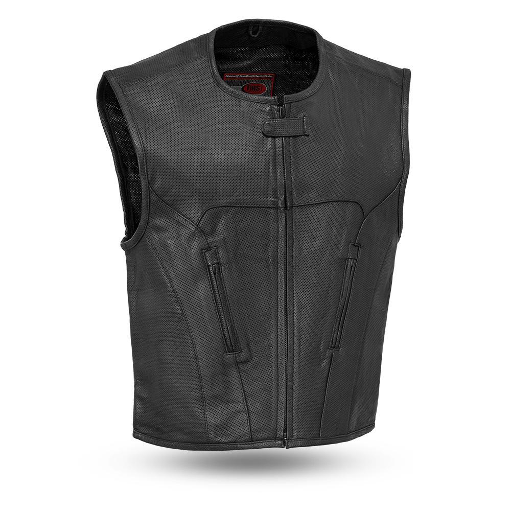Mens The Raceway Black Lightweight Perforated Seasonal Leather Motorcycle Vest