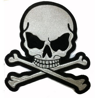 Silver Metallic Skull and Crossbones Large Motorcycle Vest Patch 8" x 7"