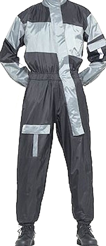 Silver One Piece Motorcycle Rain Suit With Night Vision Reflectors On Front And Back