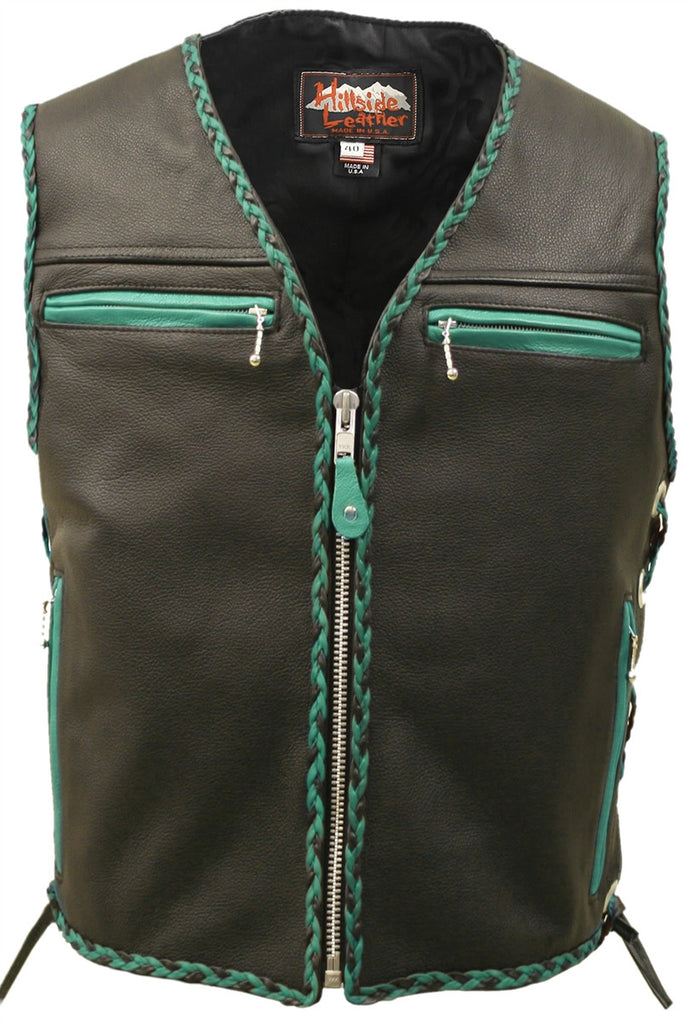 Mens Made in USA The Elite Motorcycle Leather Vest Royal Green/Black Braiding