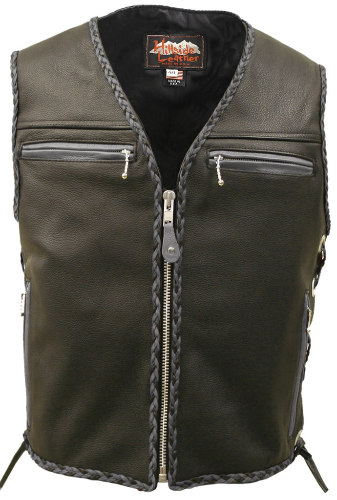 Mens Made in USA The Elite Motorcycle Leather Vest Gray/Black Braiding