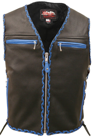 Mens Made in USA The Elite Motorcycle Leather Vest Royal Blue/Black Braiding